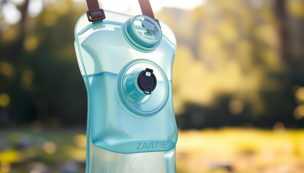 A transparent, flexible water bladder with a wide opening, hanging from sturdy nylon straps. The water container is positioned in the foreground, with a sharp focus and high-resolution details showcasing its rugged construction and ergonomic design. The background is blurred, creating a sense of depth and highlighting the centrality of the water bladder. The lighting is natural and diffused, creating a warm, inviting atmosphere that emphasizes the importance of this essential bug-out bag item. The overall composition conveys the practicality and reliability of this water storage solution, making it an ideal illustration for the "Essential Types of Water Containers" section.