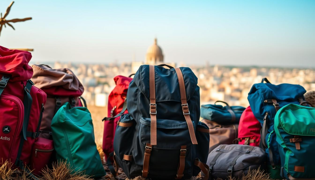 A vibrant display of culturally significant bug out bag colors, captured in a visually striking composition. In the foreground, an array of diverse backpacks in rich hues - crimson, emerald, indigo - reflecting the varied personal preferences and traditions of their owners. The middle ground showcases these bags against a backdrop of natural textures, such as woven textiles and wooden accents, adding depth and warmth. In the background, a softly blurred cityscape or landscape provides a contextual reference, hinting at the versatility and adaptability of these essential survival kits. Warm, even lighting bathes the scene, creating a sense of harmony and cultural unity. Captured with a wide-angle lens to emphasize the interconnectedness of the elements, this image celebrates the personal and cultural significance of bug out bag color choices.