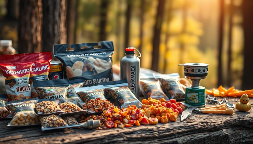 A vibrant display of survival snacks arranged on a rugged wooden table, illuminated by warm, natural lighting. In the foreground, a collection of energy bars, trail mixes, and dehydrated fruits in earthy tones, each item neatly organized. In the middle ground, a canteen, a compact camping stove, and a small survival knife, conveying the sense of preparedness. The background features a subtle, blurred forest scene, hinting at the outdoor environment these snacks are intended for. The overall composition exudes a mood of rugged functionality, ready to sustain the explorer in times of need.