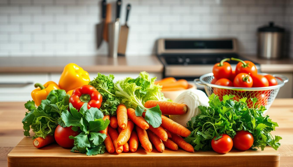 A vibrant, well-lit kitchen counter showcases an array of freshly washed produce. In the foreground, a cutting board displays an assortment of crisp vegetables, including vibrant bell peppers, crunchy carrots, and leafy greens. Nearby, a colander overflows with ripe tomatoes, their rich hues contrasting against the polished wooden surface. In the middle ground, a chef's knife and a set of stainless steel tools sit ready to prepare the fresh ingredients. The background features a clean, minimalist kitchen setting, with a tiled backsplash and gleaming appliances, conveying a sense of order and organization. The overall scene radiates a feeling of culinary preparation and the joy of working with high-quality, seasonal produce.
