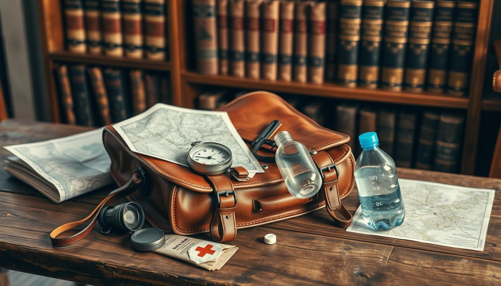 A vintage leather satchel sits on a weathered wooden table, its contents spilling out - a compass, a flashlight, a first-aid kit, a water bottle, and a map of the surrounding wilderness. The lighting is warm and soft, casting a golden glow over the scene, as if captured by an old-fashioned camera. In the background, a rustic bookshelf holds well-worn volumes on outdoor survival, hinting at the history and tradition of the "bug out bag" concept. The overall atmosphere evokes a sense of preparedness, adventure, and a connection to the natural world.