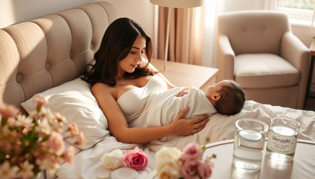 A warm, intimate scene of a new mother resting in bed, surrounded by soft lighting and delicate floral accents. In the foreground, the mother holds her newborn child, gazing lovingly. Nearby, a bedside table displays essentials for postpartum care - nursing pads, soothing creams, and a glass of water. The background features a serene, neutral-toned room, with a plush armchair and a window letting in gentle natural light. The overall atmosphere conveys a sense of comfort, care, and the profound bond between a mother and her child.