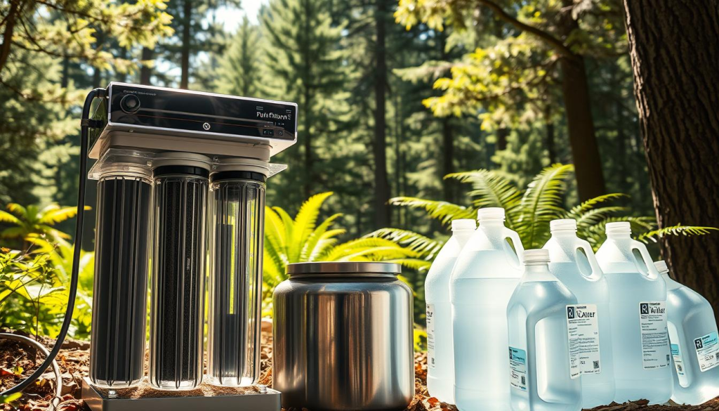 A water filtration system nestled in a serene natural setting, sunlight filtering through the trees. In the foreground, a sleek and modern filtration unit with clear acrylic housing, revealing the intricate inner workings of purification membranes and activated carbon filters. Beside it, a collection of clean, clear water jugs, ready for storage and distribution. In the middle ground, a lush, verdant forest backdrop, with towering pines and ferns swaying gently in a soft breeze. The scene exudes a sense of efficiency, sustainability, and preparedness, perfectly suited for an emergency survival scenario.