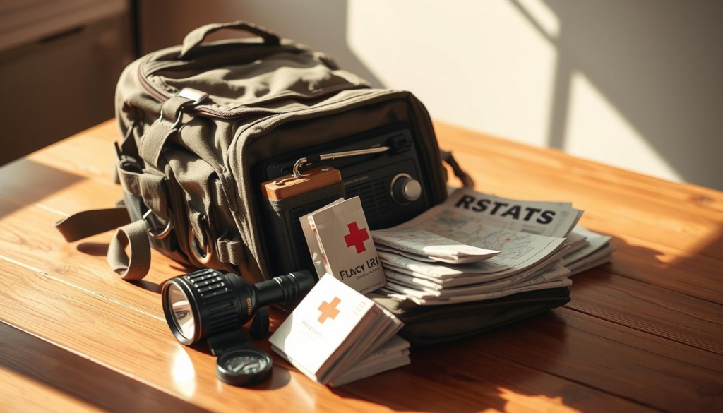A weathered emergency backpack sits on a wooden table, its contents spilling out - a hand-cranked radio, a flashlight, a compass, a first-aid kit, and a stack of maps. The lighting is warm and natural, as if filtering through a window, casting soft shadows and highlights across the scene. The overall mood is one of preparedness and functionality, conveying the importance of staying informed during a crisis. The angle is slightly elevated, giving a comprehensive view of the bag's contents, emphasizing the attention to detail and organization required for an effective bug-out kit.