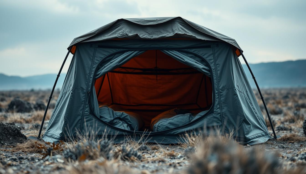 A weathered, rugged emergency car kit shelter nestled in a sparse, rural landscape. The shelter's exterior is made of sturdy, insulated material, with a compact, ergonomic design that can be easily deployed. Inside, a warm, soft glow emanates from the shelter, hinting at the comfort and protection it provides. The foreground is sharply focused, with the middle ground blending into a hazy, overcast sky. The overall scene conveys a sense of preparedness, resilience, and the importance of having essential survival gear in one's vehicle.