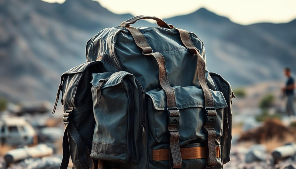 A weathered, well-equipped bug out bag stands ready, its durable, waterproof exterior glistening under soft, directional lighting. The bag's various compartments and straps are clearly visible, hinting at its thoughtful organization and functionality. In the background, a rugged, natural landscape sets the stage, conveying a sense of preparedness and resilience. The overall composition evokes a mood of practical, outdoor-oriented utility, well-suited for the key features of an effective bug out bag.