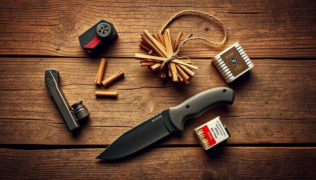 A weathered wooden surface holds an assortment of essential fire-making tools - a flint and steel striker, a bundle of dry tinder, a rugged survival knife, and a storm-proof match container. Soft, warm lighting illuminates the scene, creating an atmosphere of rugged preparedness. The items are arranged in a visually pleasing, symmetrical composition, showcasing their utility and importance for a well-equipped bug out bag. The background is a neutral, textured surface, allowing the core elements to take center stage. This image conveys the practical necessity of reliable fire-making equipment for any outdoor survival situation.