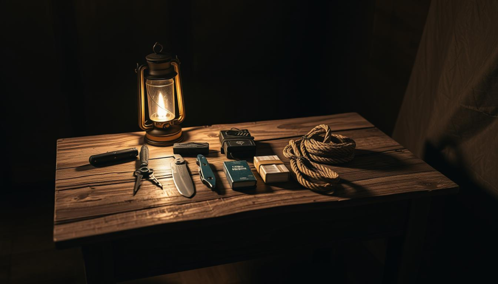 A weathered wooden table in a dimly lit room, illuminated by the soft glow of a lantern. On the table, a collection of essential emergency shelter tools: a sturdy knife, a compact multi-tool, a waterproof matches case, a coil of durable rope, and a heavy-duty tarp. The tools are arranged with precision, ready for immediate use. The room's atmosphere is calm and focused, conveying a sense of preparedness and survival. Ambient shadows dance across the scene, adding depth and a sense of urgency. The overall composition evokes a feeling of being ready to face the unknown and create a temporary haven in times of crisis.