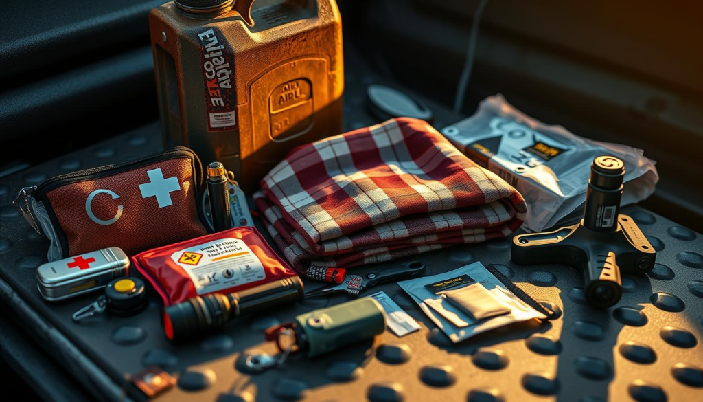 A well-curated car survival kit neatly arranged on a sturdy metal surface, bathed in warm, golden lighting that casts soft shadows. In the foreground, an array of essential items - a compact first-aid kit, a heavy-duty flashlight, a multi-tool, and a whistle. The middle ground features a compact emergency blanket, a rain poncho, and a small fire-starting kit. In the background, a rugged, weathered jerrycan and a sturdy knife stand as a testament to the kit's preparedness. The overall composition conveys a sense of readiness, practicality, and the peace of mind that comes with being equipped for unexpected emergencies on the road.