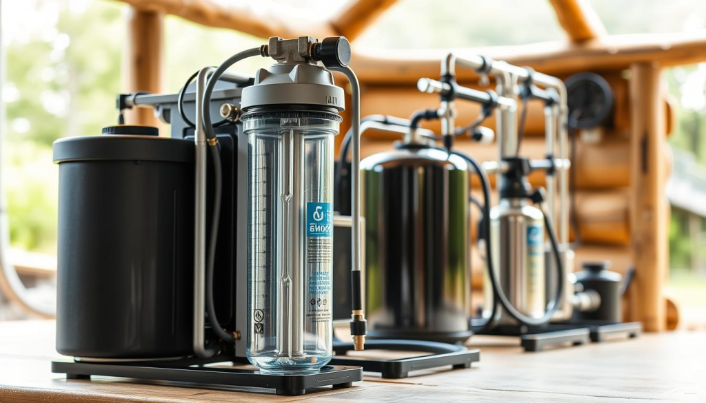 A well-designed and functional water filtration system, showcased in a clear, informative manner. The foreground features a central purification unit, its intricate mechanisms and filter components visible, conveying its technical sophistication. The middle ground depicts the system's modular design, with interconnected hoses and valves, allowing for versatile configuration. The background showcases the system's integration into a practical, off-grid setting, perhaps a rustic cabin or a survival shelter, emphasizing its suitability for emergency preparedness. The lighting is soft and natural, accentuating the system's robust construction and streamlined aesthetic. The overall mood is one of reliability, efficiency, and self-sufficiency, perfectly aligned with the article's focus on water filtration and purification for emergency situations.