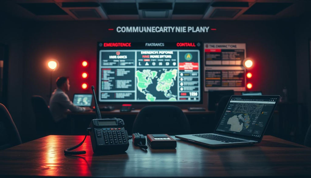 A well-designed emergency communication plan, depicted against a backdrop of a dimly lit control room. In the foreground, a sturdy table holds a variety of communication devices, including a satellite phone, a handheld radio, and a laptop displaying a real-time emergency response map. The middle ground features a wall-mounted display showcasing emergency protocols and contact information, illuminated by the soft glow of status lights. In the background, a team of crisis management personnel monitor the situation, their faces partially obscured by the shadows, conveying a sense of urgency and preparedness. The overall scene is captured in a cinematic, high-contrast lighting, emphasizing the gravity of the situation and the importance of effective communication during emergencies.