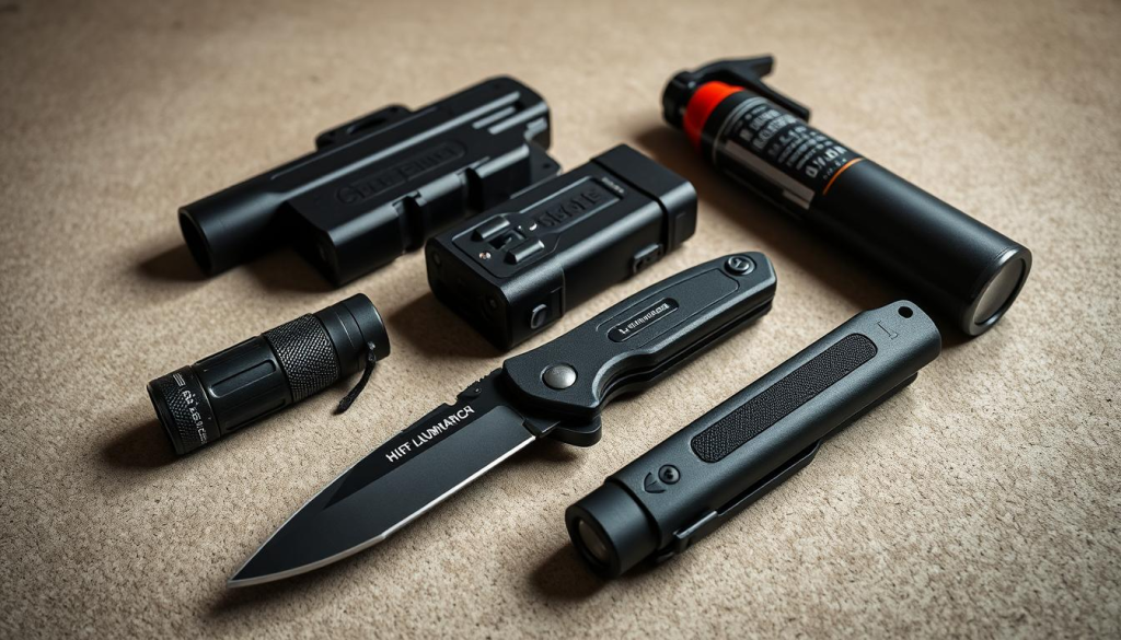 A well-equipped array of self-defense tools arranged on a neutral, textured surface. In the foreground, a tactical folding knife with a sturdy blade and ergonomic handle sits alongside a compact high-lumen flashlight. In the middle ground, a stun gun with a sleek, modern design and high-voltage electrodes creates an imposing presence. In the background, a versatile pepper spray canister with a reliable trigger mechanism and long-range nozzle completes the ensemble. Lighting is soft and diffused, casting subtle shadows that accentuate the contours of each item. The overall mood is one of preparedness and security, conveying the importance of personal safety in any survival situation.