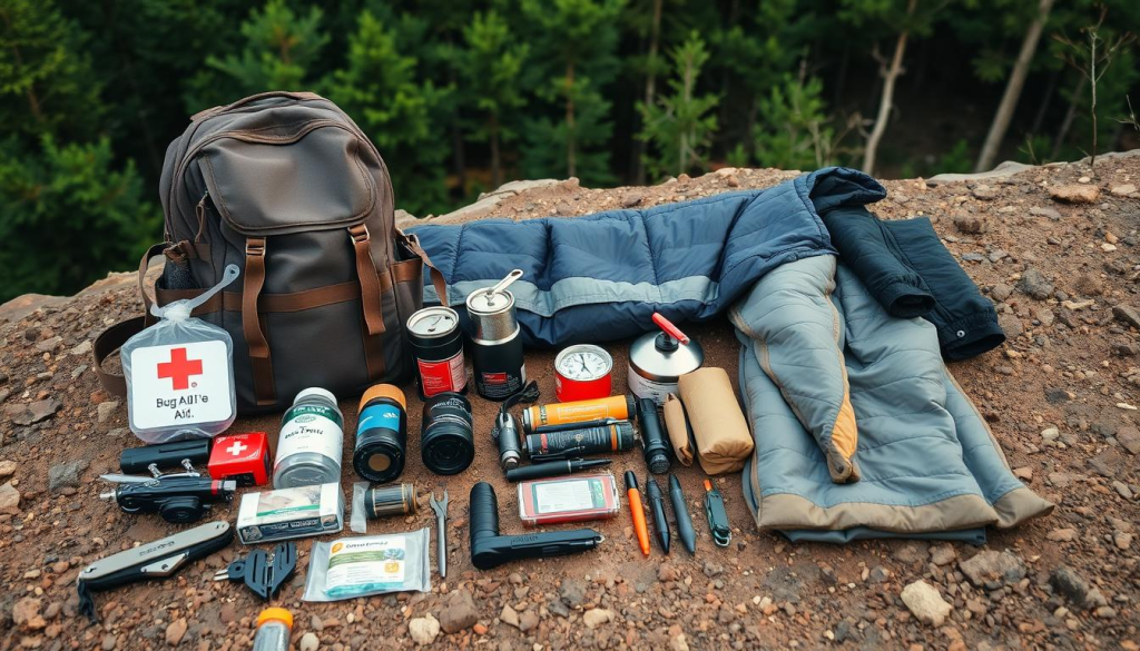 A well-equipped bug out bag laid out on a rugged terrain, illuminated by warm, natural lighting. In the foreground, various essential items are neatly arranged: a sturdy backpack, a first-aid kit, a water filtration system, a multi-tool, a compass, and a fire-starting kit. In the middle ground, a compact camping stove, a sleeping bag, and a change of durable, weather-appropriate clothing. The background features a dense, lush forest, hinting at the potential challenges and environments the bug out plan may need to navigate.