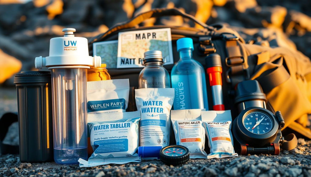 A well-equipped bug out bag with an assortment of water purification supplies. In the foreground, a sturdy water filter, a compact UV sterilizer, and a pack of water purification tablets. In the middle ground, a reusable water bottle, a collapsible water container, and a small water filtration system. In the background, a map, a compass, and other survival gear, all arranged neatly against a rugged, outdoor backdrop with warm, natural lighting and a sense of preparedness and adventure.