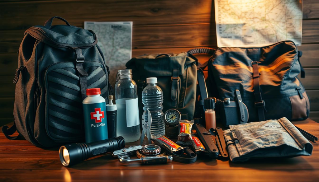 A well-equipped emergency preparedness gear, neatly arranged on a wooden table under warm, directional lighting. In the foreground, a sturdy backpack, flashlight, first-aid kit, and multi-tool stand ready. The middle ground showcases a water bottle, energy bars, and a compass, conveying a sense of self-reliance. In the background, a map, a tactical knife, and a weatherproof survival blanket suggest comprehensive planning and preparedness. The scene evokes a mood of calm, purposeful organization, and a readiness to face unexpected challenges with confidence.