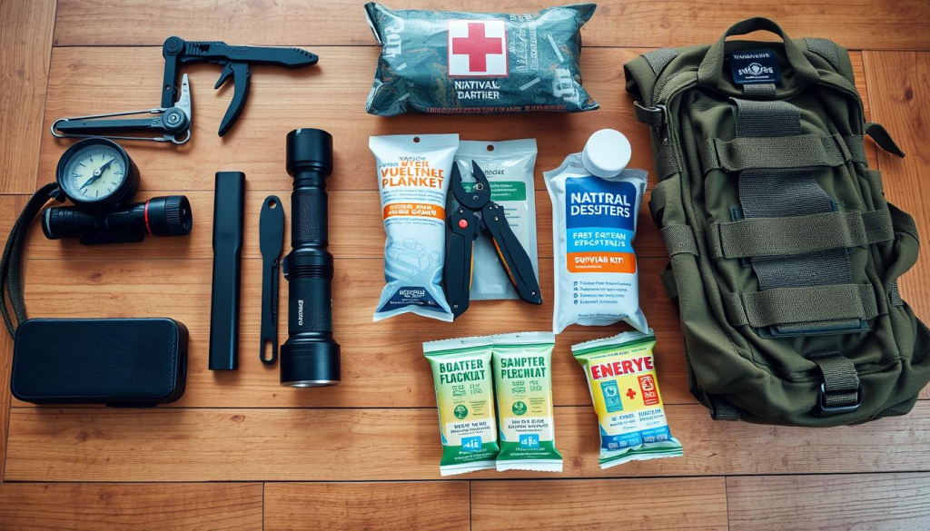 A well-lit, close-up photograph of an assortment of essential items laid out on a wooden surface, including a compass, flashlight, multi-tool, survival blanket, first aid kit, water purification tablets, energy bars, and a folded tactical backpack. The items are arranged neatly, conveying a sense of preparedness and organization for a natural disaster scenario. The lighting is soft and even, accentuating the textures and details of the objects. The overall mood is one of calm, practical readiness.
