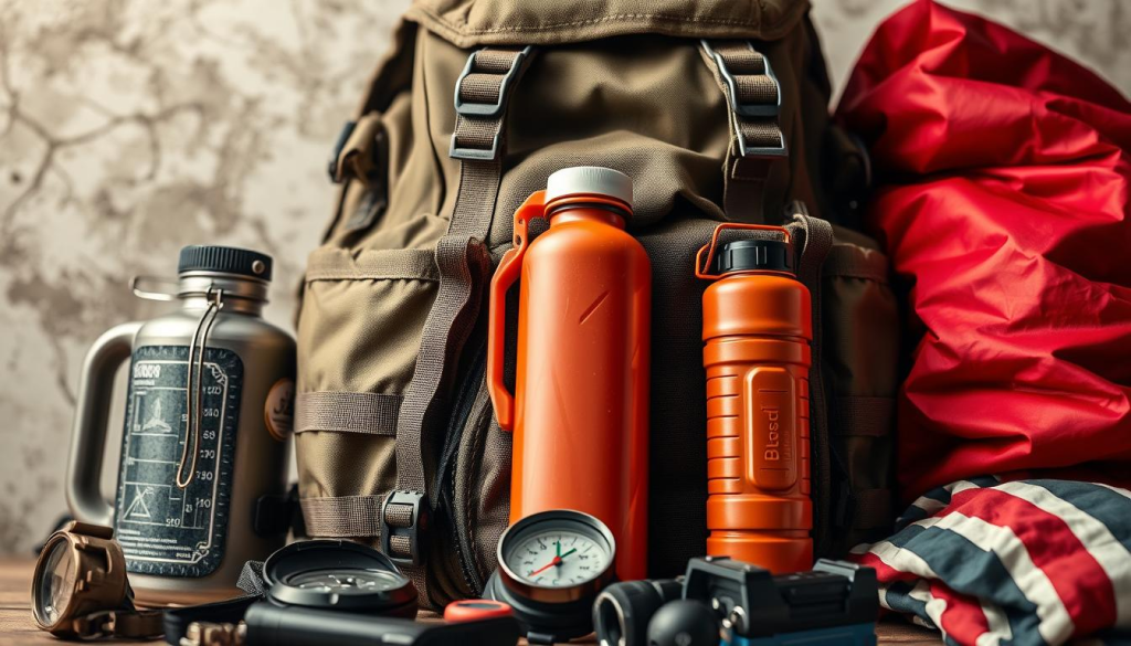 A well-lit, close-up view of a sturdy backpack, canteen, compass, flashlight, emergency blanket, and other essential items for a bug-out scenario. The backpack is made of durable, water-resistant material and features multiple compartments and straps for easy organization and carrying. The other items are neatly arranged around the backpack, creating a sense of preparedness and functionality. The overall mood is one of practicality and determination, conveying the importance of being ready for unexpected emergencies.