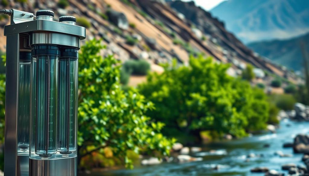 A well-lit, detailed image of a sleek, modern water filtration system set against a serene, natural backdrop. The foreground features a robust, stainless steel housing with clear, tempered glass panels, revealing the intricate inner workings of the filtration process. The middle ground showcases a tranquil stream or river, with lush, verdant foliage framing the scene. The background gently slopes upwards, revealing a rugged, rocky terrain with a hint of a distant mountain range. The overall composition conveys a sense of efficiency, reliability, and harmony with the natural environment - essential elements for ensuring a reliable water supply in a survival scenario.