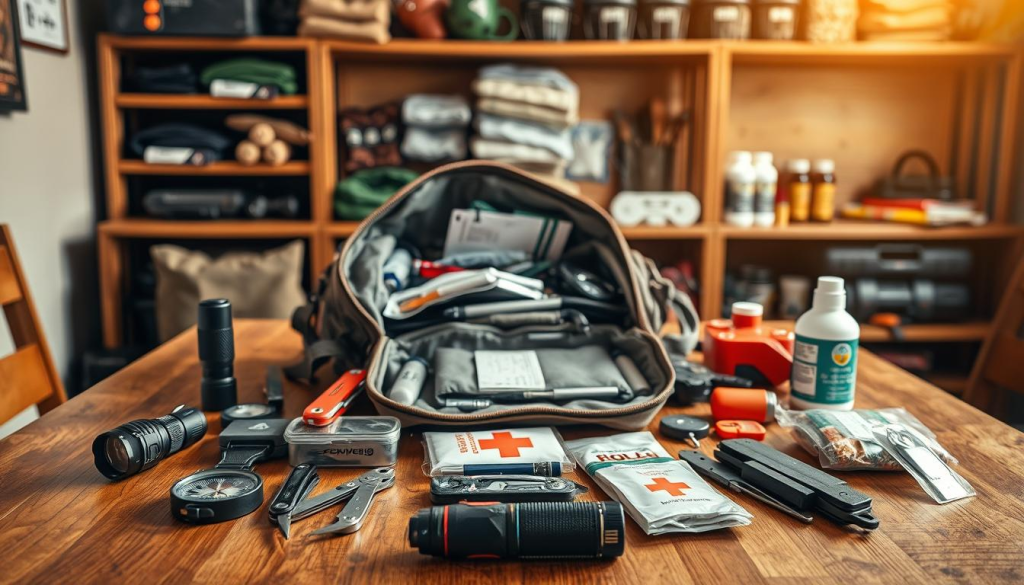 A well-lit, detailed scene of a bug out bag being carefully maintained on a sturdy wooden table. In the foreground, various survival tools and supplies are neatly arranged, including a compass, flashlight, multi-tool, and first aid kit. The middle ground showcases the open bug out bag, its contents spilling out for inspection and reorganization. In the background, shelves hold additional emergency gear and provisions. Warm, natural lighting casts a focused, task-oriented atmosphere, emphasizing the importance of diligent bug out bag upkeep.