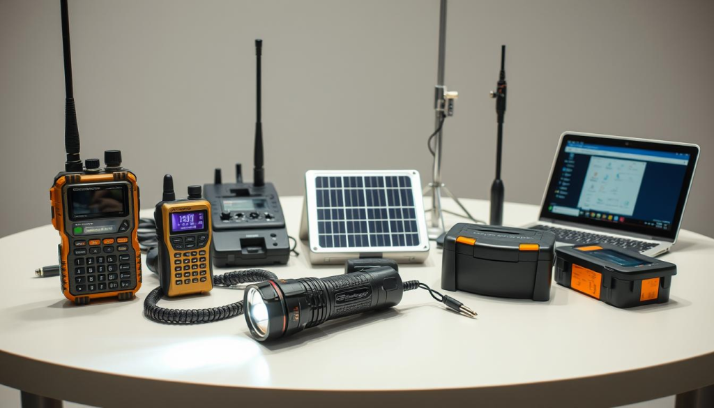 A well-lit display table showcasing an array of emergency communication devices in a professional, authoritative manner. In the foreground, a rugged handheld radio, satellite phone, and high-powered flashlight with a beam visible. In the middle ground, a solar-powered charging station and portable battery pack. In the background, a high-gain antenna and a laptop running communication software. The scene conveys a sense of preparedness and reliability, with a neutral color palette and clean, minimalist styling to emphasize the technical capabilities of the equipment.