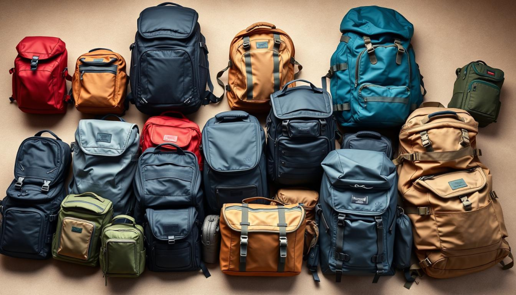 A well-lit, high-angle view of an assortment of different-sized bug out bags, from compact day packs to larger expedition-style backpacks, arranged on a neutral background. The bags should be depicted with a focus on their diverse dimensions, materials, and features, showcasing the range of options available for emergency preparedness. Use a shallow depth of field to draw the viewer's eye to the key details of the bags' construction and design. Convey a sense of preparedness and practical utility through the careful curation of the bag sizes and styles.