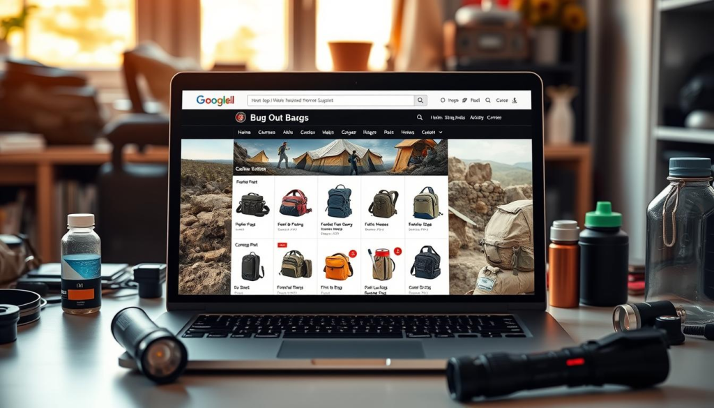 A well-lit, high-quality photograph of a laptop screen displaying an online shopping website, showcasing a wide selection of different types of bug out bags. The foreground features the laptop with a clean, modern design, surrounded by various camping and survival gear items like flashlights, water bottles, and first-aid kits. The middle ground includes a clean, uncluttered desk surface, and the background depicts a cozy, home office setting with warm, natural lighting filtering through a window. The overall mood is one of preparedness, professionalism, and ease of access to essential emergency supplies.
