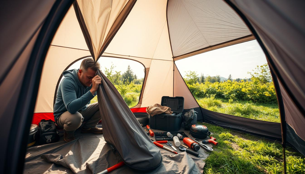 A well-lit, high-resolution image of a camping tent undergoing maintenance. In the foreground, a person carefully inspects the tent's fabric, checking for any tears or signs of wear. The middle ground features an array of camping gear, including a toolbox, cleaning supplies, and replacement parts. The background depicts a serene, natural setting, with lush greenery and a clear sky, conveying a sense of tranquility and preparedness. The scene is captured with a wide-angle lens, allowing for a comprehensive view of the maintenance process, with soft, even lighting that accentuates the details of the tent and equipment.