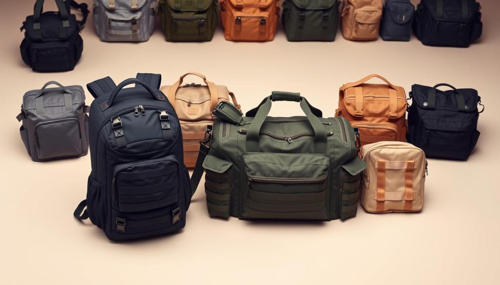 A well-lit, high-resolution photograph of a collection of women's tactical go bags, meticulously arranged on a neutral-colored background. The bags feature a variety of earth-toned, durable fabrics and hardware, designed for functionality and convenience. In the foreground, a sleek, black backpack with multiple compartments and straps stands out, while in the middle ground, a rugged, olive-green duffel bag and a compact, tactical shoulder bag are positioned. In the background, several additional bags in shades of gray, tan, and navy blue are neatly displayed, showcasing the versatility and range of options available for women's emergency preparedness needs.