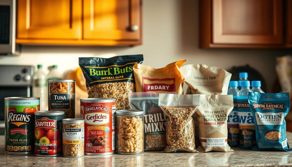 A well-lit kitchen countertop displaying an assortment of affordable, shelf-stable bug out bag foods. In the foreground, cans of beans, tuna, and dried fruits are neatly arranged. In the middle ground, bags of granola, trail mix, and instant oatmeal packets. In the background, a few bottles of water and a weathered survival guide. The scene is bathed in warm, natural lighting, conveying a sense of preparedness and self-reliance on a budget.