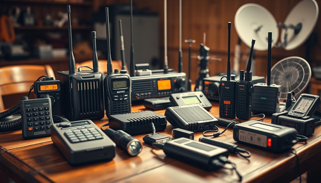 A well-lit, meticulously detailed image of various emergency communication devices arrayed on a sturdy wooden table. In the foreground, a handheld satellite phone, a portable radio transceiver, and a rugged, weatherproof walkie-talkie. In the middle ground, a backup power bank, a solar-powered USB charger, and a weatherproof flashlight. In the background, a high-gain antenna, a ham radio setup, and a satellite dish. The scene is bathed in warm, golden lighting, conveying a sense of preparedness and reliability. The overall mood is one of functionality, resilience, and the ability to stay connected in times of crisis.