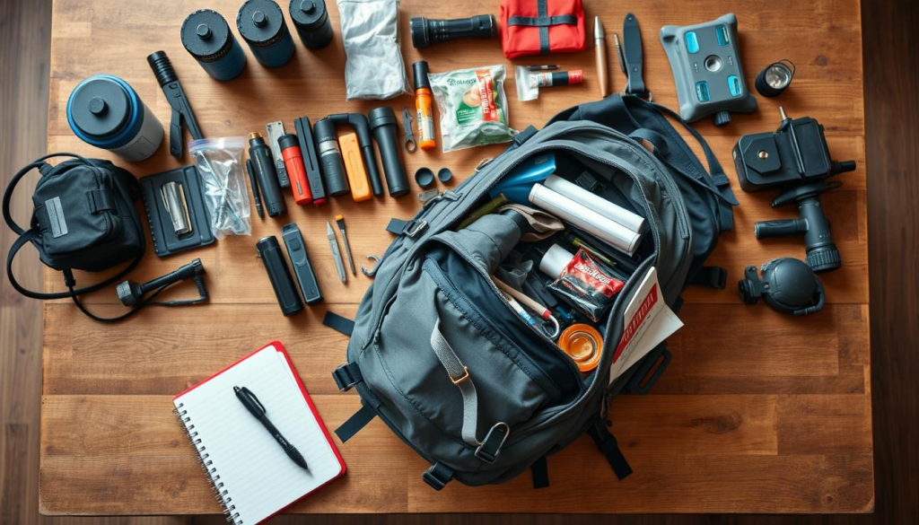 A well-lit, overhead shot of a sturdy wooden table, its surface filled with the essentials of bug out bag maintenance. In the foreground, a backpack sits open, its contents carefully arranged - camping gear, first aid supplies, and emergency tools. Beside it, a notebook and pen for recording updates. In the middle ground, a collection of items waiting to be inspected and replenished - water filtration systems, flashlights, and survival kits. The background is softly blurred, allowing the focus to remain on the organized process of bag upkeep, conveying a sense of preparedness and attention to detail.