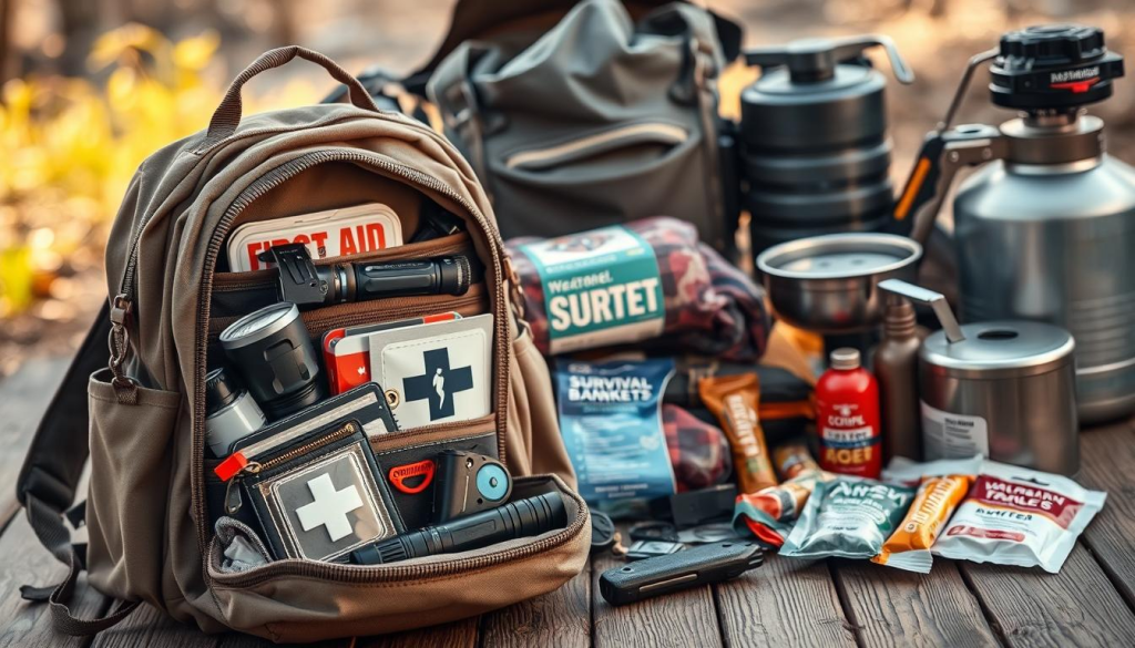 A well-lit, sharply focused still life arrangement showcasing the essential items for a women's bug out bag. In the foreground, a practical backpack in a neutral color sits open, revealing a compact first aid kit, a sturdy multi-tool, and a high-powered flashlight. In the middle ground, survival blankets, water purification tablets, and a weatherproof fire starter nestle among energy bars and a tactical knife. The background depicts camping gear like a portable stove and a collapsible water container, all bathed in a warm, natural lighting that conveys a sense of preparedness and resilience.