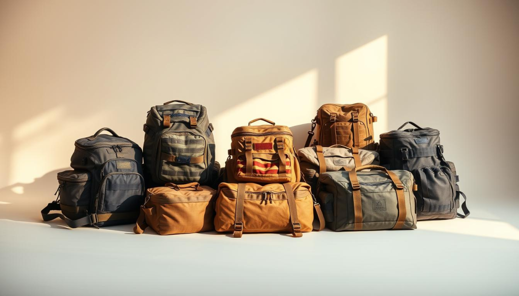 A well-lit studio scene featuring an assortment of high-quality bug out bag types arranged artfully on a clean, minimalist backdrop. The bags are showcased in a variety of sizes, styles, and materials, including tactical packs, hiking backpacks, and durable duffels, all in muted, earthy tones. The composition emphasizes the functional features and versatility of each bag, with a focus on details like durable zippers, reinforced straps, and multiple compartments. The lighting is warm and natural, casting subtle shadows that accentuate the textures and contours of the bags. The overall mood is one of preparedness, practicality, and thoughtful design.