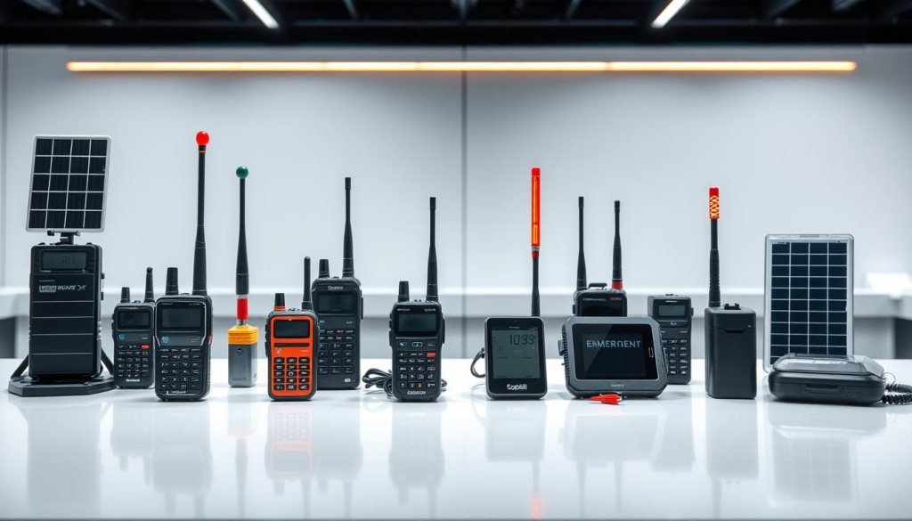 A well-lit table displaying an array of emergency communication devices - satellite phones, handheld radios, signal flares, and solar-powered chargers. The foreground features the devices with precise details, while the middle ground showcases their connectivity and networking capabilities. The background depicts a minimalist, futuristic environment with clean lines and subtle lighting, emphasizing the technological prowess of these essential tools. The overall mood is one of preparedness, reliability, and a sense of security in the face of unpredictable situations.
