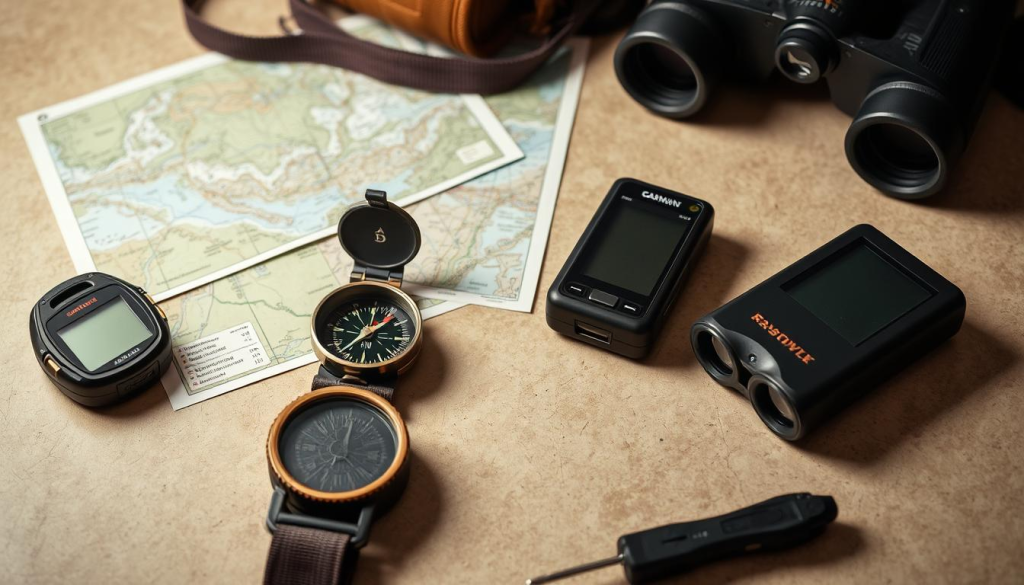 A well-lit table showcases an array of navigation tools - a rugged compass, a high-quality map, a robust GPS device, and a sturdy pair of binoculars. The tools are arranged in a visually appealing manner, with the compass taking center stage. The scene is set against a backdrop of a neutral, textured surface, allowing the tools to stand out and shine. The lighting is soft and diffused, creating a warm and inviting atmosphere, perfect for a section on navigation and communication in a bug-out bag article.