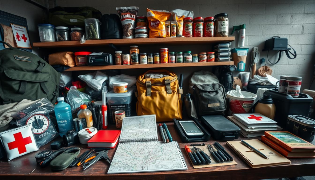 A well-lit, wide-angle photograph of a cluttered, organized workbench displaying the essential components for a comprehensive bug out bag. In the foreground, various survival gear and emergency supplies are neatly arranged, including a sturdy backpack, first-aid kit, water filtration system, fire-starting tools, and a compact multi-tool. The middle ground showcases a detailed map, a compass, and a weather-resistant notebook. In the background, shelves hold additional supplies such as non-perishable food, flashlights, and a portable radio. The overall atmosphere conveys a sense of preparedness, with a muted color palette and soft, directional lighting to emphasize the utility and functionality of the assembled bug out bag essentials.