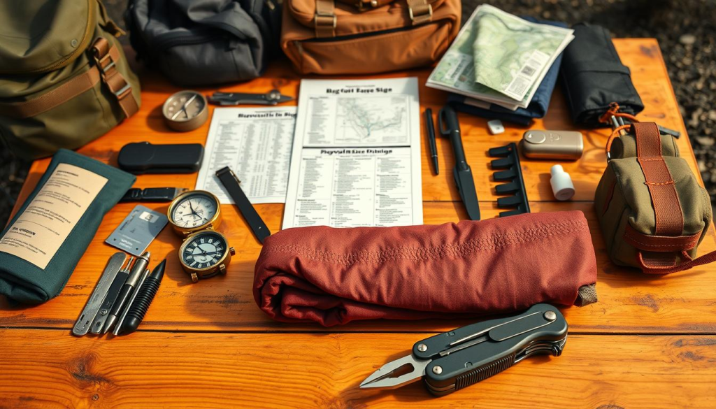 A well-organized and detailed bug out bag size guide displayed on a wooden table, with various camping and survival gear items arranged around it. The guide is presented in a clean, minimalist style with a focus on informative visuals. Warm, natural lighting casts a cozy ambiance, highlighting the practical nature of the subject. The middle ground features a compass, maps, and other navigation tools, while the foreground showcases a neatly folded survival blanket and a sturdy multi-tool. The background subtly suggests an outdoor setting, hinting at the preparedness and self-reliance needed for an effective bug out bag.