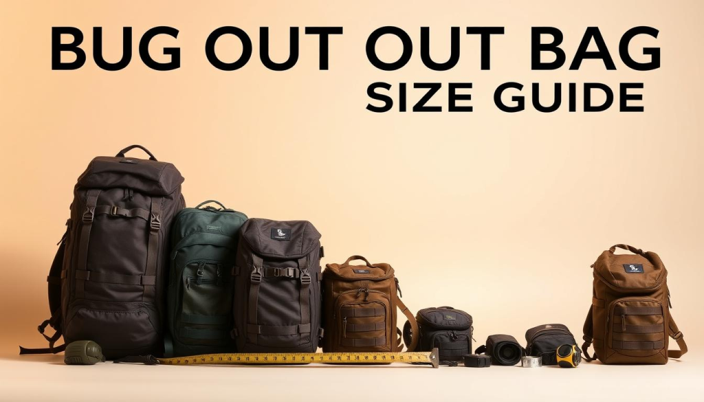 A well-organized and detailed bug out bag size guide, showcasing various backpack sizes against a clean, minimalist background. The foreground features a range of backpacks in different dimensions, neatly arranged to highlight their comparative sizes. The middle ground includes measuring tapes and other tools to illustrate the size measurement process. The background is a soft, neutral tone, allowing the backpacks and measurement tools to take center stage. Warm, directional lighting casts subtle shadows, emphasizing the form and texture of the equipment. The overall composition conveys a sense of practical utility, guiding the viewer through the process of determining the ideal bug out bag size.