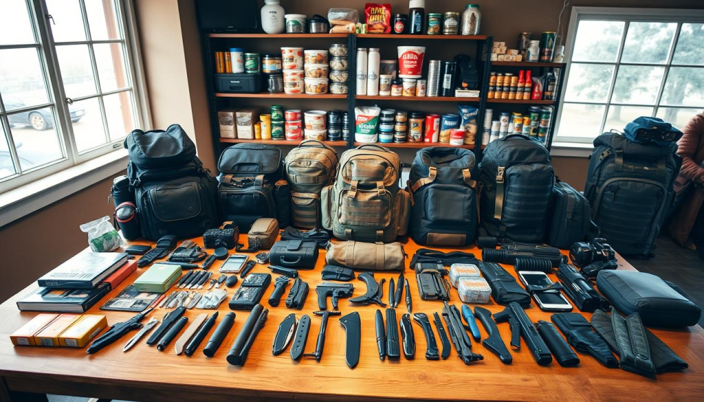 A well-organized and meticulously customized bug out bag lies on a sturdy wooden table, illuminated by warm, diffused lighting from large windows. In the foreground, various survival essentials such as first aid kits, multi-tools, and tactical gear are neatly arranged. The middle ground showcases a range of backpacks, each designed for maximum functionality and comfort. In the background, shelves display an array of emergency supplies, from non-perishable food to water filtration systems, creating a sense of preparedness and self-reliance. The overall scene conveys a balanced, practical, and visually appealing approach to customizing a comprehensive bug out bag.
