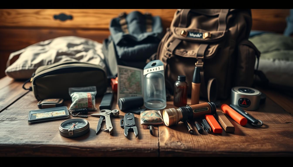 A well-organized and meticulously maintained bug out bag, illuminated by soft, warm lighting, rests on a sturdy wooden surface. In the foreground, various essential items are neatly arranged, including a compass, a first-aid kit, and a multitool. The middle ground showcases a map, a flashlight, and a water filter, all positioned with intentional care. In the background, a backpack, a sleeping bag, and other survival gear are visible, creating a sense of preparedness and self-reliance. The overall atmosphere conveys a sense of organization, attention to detail, and a commitment to being ready for unexpected challenges.