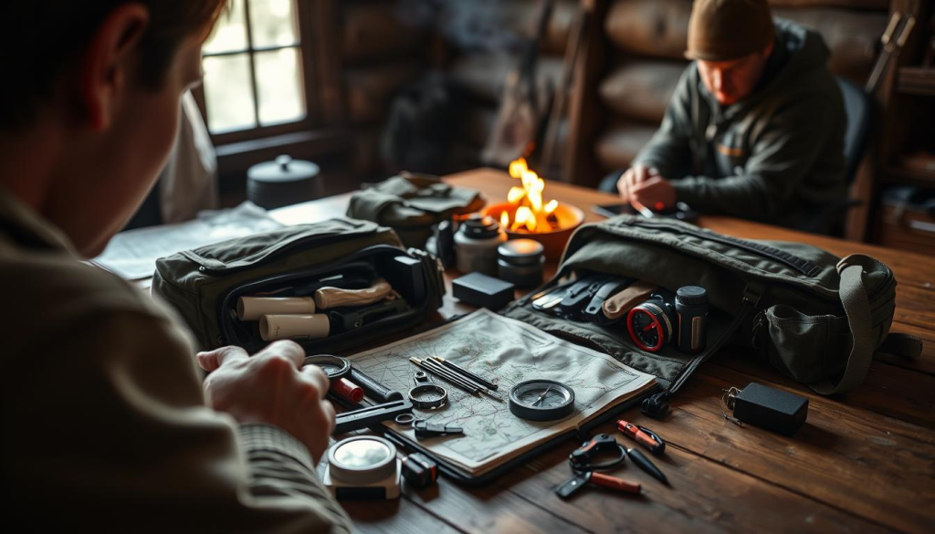 A well-organized and meticulously packed bug out bag lies on a wooden table, its contents carefully arranged. In the foreground, a person examines the contents, their face illuminated by a soft, natural light filtering through a window. The middle ground features a map, compass, and other navigation tools, while the background showcases a training scenario, with a person practicing fire-starting techniques or emergency signaling. The scene conveys a sense of preparedness, attention to detail, and a dedication to mastering the skills necessary for survival in a crisis.