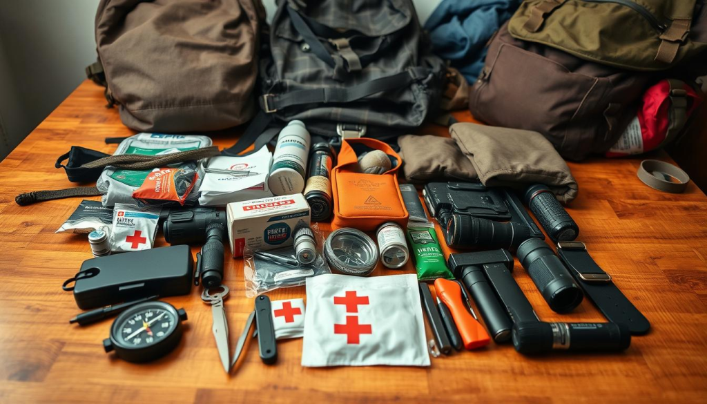 A well-organized and meticulously packed bug out bag rests on a wooden table, its contents spilling out to reveal a diverse array of essential survival gear. The foreground features a compass, a multi-tool, and a first-aid kit, arranged with precision. In the middle ground, a water purifier, a flashlight, and a fire starter kit are neatly displayed, while the background showcases a durable backpack, a sleeping bag, and a set of sturdy outdoor clothing. The lighting is soft and diffused, creating a warm and inviting atmosphere, as if the viewer is about to embark on a journey of preparedness and self-reliance.