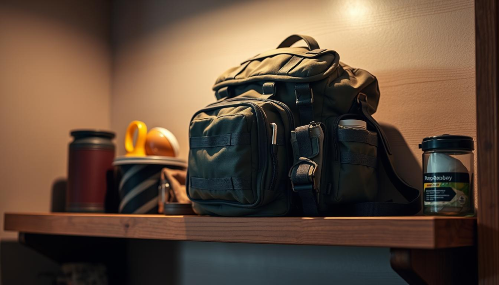 A well-organized and neatly arranged bug out bag, its contents meticulously stored in various compartments, resting on a sturdy wooden shelf. Soft, warm lighting illuminates the scene, casting gentle shadows that accentuate the textures and materials. The bag's exterior is rugged and practical, its pockets and straps suggesting its readiness for any emergency situation. The shelf is situated in a cozy, home-like environment, hinting at the importance of having a dedicated space for this essential survival kit. The overall atmosphere conveys a sense of preparedness, organization, and a commitment to being ready for the unexpected.
