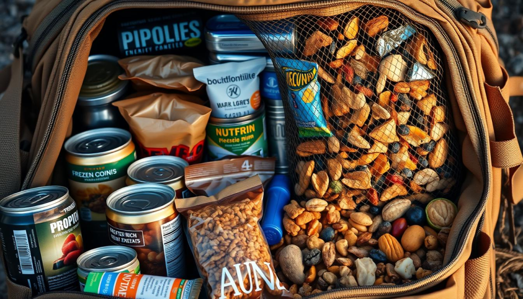 A well-organized and neatly arranged bugout bag filled with a variety of non-perishable food supplies. In the foreground, there are cans of protein-rich foods, pouches of freeze-dried meals, and energy bars. The middle ground showcases compact cooking equipment, water purification tablets, and nutrient-dense snacks. In the background, a mesh pocket displays an assortment of dried fruits, nuts, and other long-lasting sustenance. The entire scene is captured in a warm, natural lighting that accentuates the earthy tones of the bag and its contents, conveying a sense of preparedness and self-reliance.