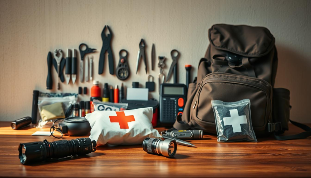 A well-organized and neatly arranged display of essential emergency preparedness supplies. In the foreground, a sturdy backpack, a first-aid kit, and a flashlight lie on a wooden surface, bathed in warm, natural lighting. In the middle ground, various survival tools, such as a multi-tool, a compass, and a portable radio, are meticulously placed. The background features a neutral, textured wall, creating a sense of order and practicality. The overall atmosphere conveys a feeling of being prepared and in control, perfectly capturing the essence of the "Keeping Your Preparedness Updated" section.