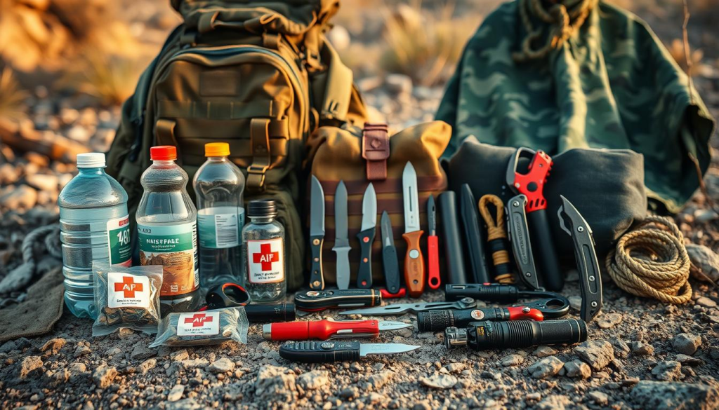 A well-organized array of essential bug-out bag supplies rests on a rugged, outdoor surface. In the foreground, a tactical backpack, water bottles, first-aid kit, and fire-starting tools stand ready. The middle ground showcases a survival knife, compass, flashlight, and multi-tool. In the background, a camouflage poncho, rope, and emergency blanket create a sense of preparedness. Warm, natural lighting illuminates the scene, conveying a sense of reliability and adventure. The composition is balanced, with each item clearly visible and its purpose evident, reflecting the thoughtful curation of a comprehensive bug-out bag.