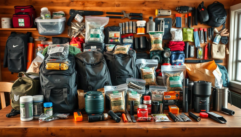 A well-organized array of essential prepper supplies for a family of four, meticulously arranged on a sturdy wooden table. In the foreground, a stack of high-quality survival backpacks, water purifiers, and first-aid kits. In the middle ground, a variety of freeze-dried meals, camping stoves, and fire-starting tools. In the background, a collection of emergency blankets, flashlights, and multi-tools, all illuminated by a warm, natural lighting and captured with a sharp, detailed lens. The overall atmosphere conveys a sense of preparedness, practicality, and a touch of rugged self-reliance.