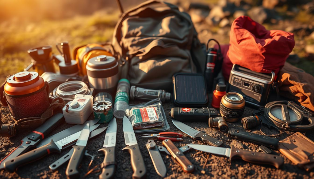 A well-organized array of essential prepping supplies, bathed in warm, golden light and captured from a high, angled perspective. In the foreground, sturdy survival knives, a portable water filter, and a compact first-aid kit. The middle ground showcases a weatherproof backpack, a multi-tool, and a compact camping stove. In the background, a solar-powered radio, a flashlight, and an emergency thermal blanket. The scene conveys a sense of preparedness and resilience, hinting at the self-reliance and adaptability needed to weather unexpected challenges.