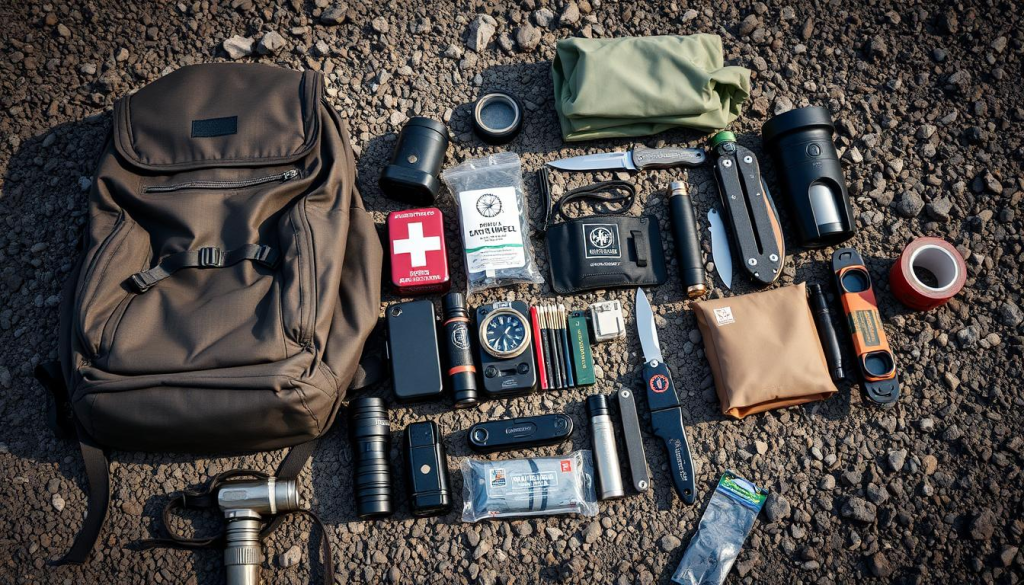 A well-organized array of essential survival gear laid out on a rugged, textured surface. In the foreground, a sturdy backpack, tactical flashlight, water bottle, and first aid kit. In the middle ground, a multi-tool, compass, matches, and a lightweight tarp. In the background, a survival knife, emergency blanket, and a roll of duct tape. The lighting is natural and evenly distributed, casting subtle shadows that accentuate the details of each item. The overall mood is one of preparedness and resilience, conveying the importance of being equipped for unexpected challenges.