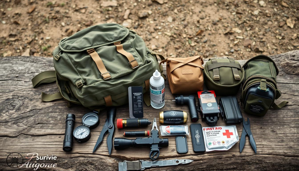 A well-organized array of essential survival gear laid out on a rugged wooden surface, with a natural, earthy backdrop. A military-grade backpack, a sturdy compass, a tactical flashlight, a multi-tool, a water purifier, a first-aid kit, and other crucial items for navigating the unknown. The lighting is soft and diffused, highlighting the practical nature of the items. The overall composition conveys a sense of preparedness and resilience, ready to face any unexpected challenge.